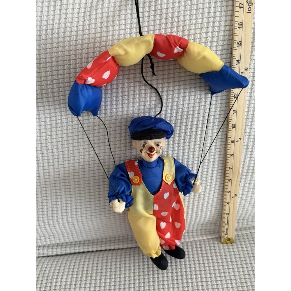 Vintage Happy Clown with Hanging Parachute Purple Yellow Red Heart Print Toy